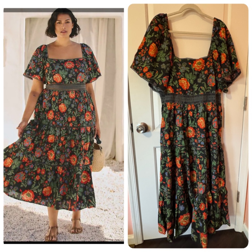 Anthropologie Conditions Apply Genova Midi Dress Black and Red Floral Pattern